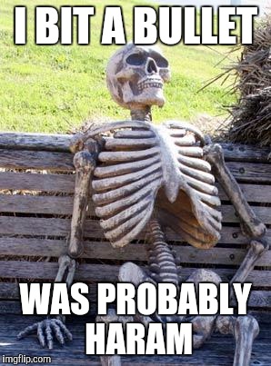 Waiting Skeleton Meme | I BIT A BULLET WAS PROBABLY HARAM | image tagged in memes,waiting skeleton | made w/ Imgflip meme maker