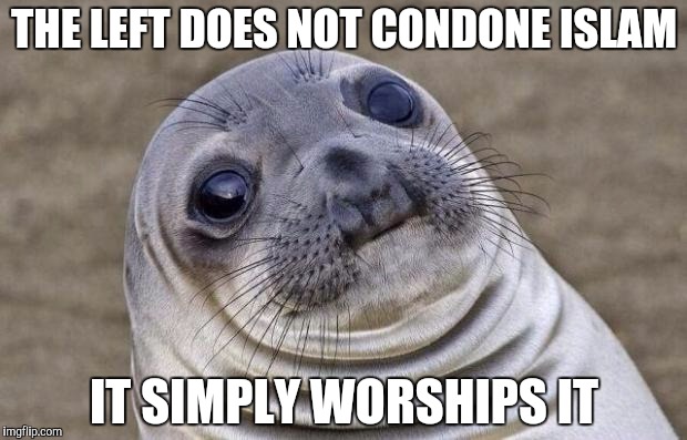 Awkward Moment Sealion Meme | THE LEFT DOES NOT CONDONE ISLAM IT SIMPLY WORSHIPS IT | image tagged in memes,awkward moment sealion | made w/ Imgflip meme maker