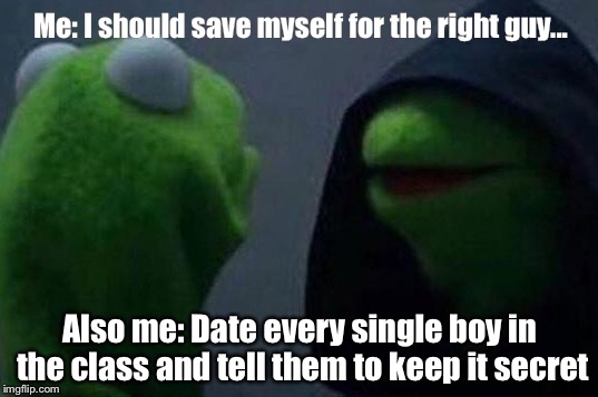 Me to Other Me Kermit | Me: I should save myself for the right guy... Also me: Date every single boy in the class and tell them to keep it secret | image tagged in me to other me kermit | made w/ Imgflip meme maker