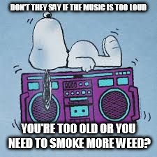 What...it's too loud? | DON'T THEY SAY IF THE MUSIC IS TOO LOUD; YOU'RE TOO OLD OR YOU NEED TO SMOKE MORE WEED? | image tagged in memes,funny,snoopy,loud music,weed,too true | made w/ Imgflip meme maker