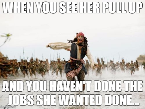 Jack Sparrow Being Chased Meme | WHEN YOU SEE HER PULL UP; AND YOU HAVEN'T DONE THE JOBS SHE WANTED DONE... | image tagged in memes,jack sparrow being chased | made w/ Imgflip meme maker