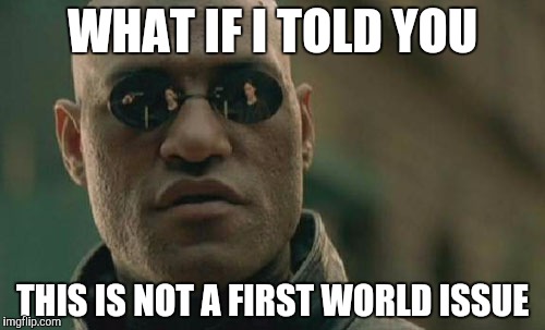Matrix Morpheus Meme | WHAT IF I TOLD YOU THIS IS NOT A FIRST WORLD ISSUE | image tagged in memes,matrix morpheus | made w/ Imgflip meme maker