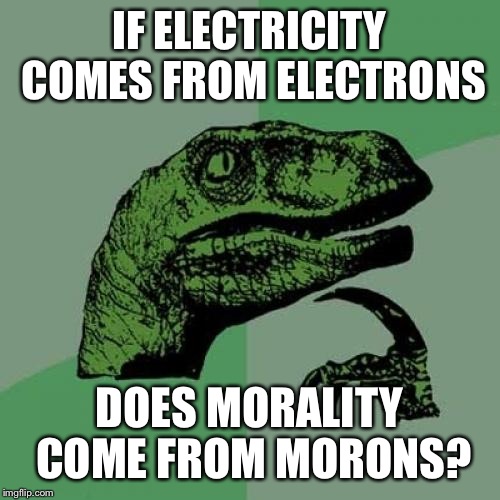 Philosoraptor Meme | IF ELECTRICITY COMES FROM ELECTRONS; DOES MORALITY COME FROM MORONS? | image tagged in memes,philosoraptor | made w/ Imgflip meme maker