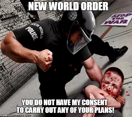 NWO Police State | NEW WORLD ORDER; YOU DO NOT HAVE MY CONSENT TO CARRY OUT ANY OF YOUR PLANS! | image tagged in nwo police state | made w/ Imgflip meme maker