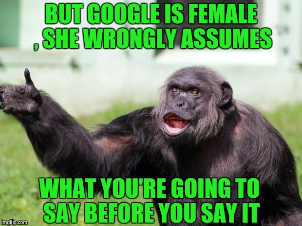 Gorilla your dreams | BUT GOOGLE IS FEMALE , SHE WRONGLY ASSUMES WHAT YOU'RE GOING TO SAY BEFORE YOU SAY IT | image tagged in gorilla your dreams | made w/ Imgflip meme maker