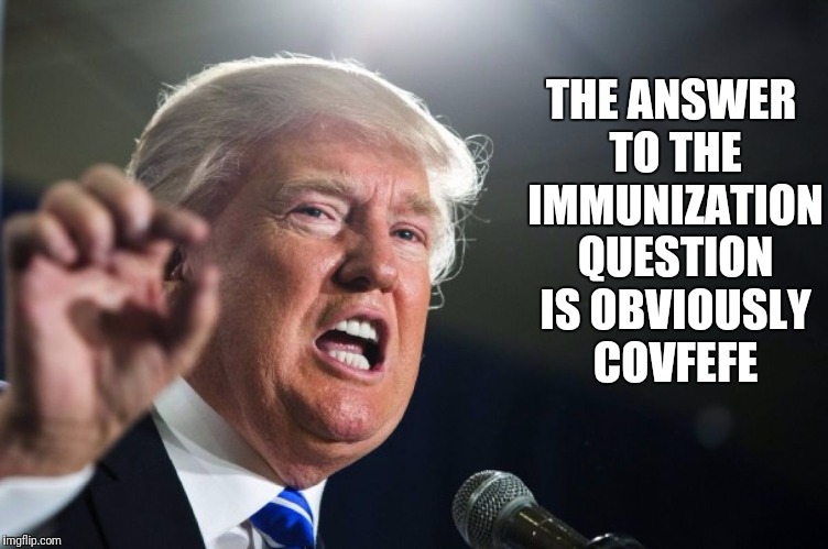 donald trump | THE ANSWER TO THE IMMUNIZATION QUESTION IS OBVIOUSLY COVFEFE | image tagged in donald trump | made w/ Imgflip meme maker