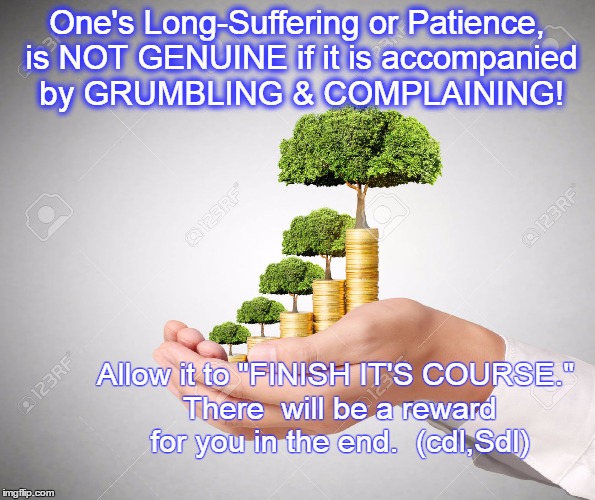 Endurance / Patience | One's Long-Suffering or Patience, is NOT GENUINE if it is accompanied by GRUMBLING & COMPLAINING! Allow it to "FINISH IT'S COURSE." There  will be a reward for you in the end.  (cdl,Sdl) | image tagged in tags | made w/ Imgflip meme maker