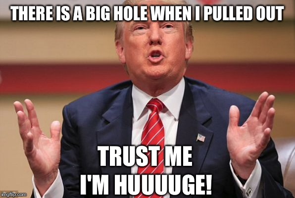 THERE IS A BIG HOLE WHEN I PULLED OUT TRUST ME I'M HUUUUGE! | made w/ Imgflip meme maker