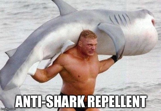 Who needs Lifeguards?  Brock Lesnar keeps our beaches safe | ANTI-SHARK REPELLENT | image tagged in brock lesnar and shark,shark week,shark,wwe,pro wrestling | made w/ Imgflip meme maker