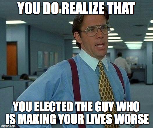 That Would Be Great | YOU DO REALIZE THAT; YOU ELECTED THE GUY WHO IS MAKING YOUR LIVES WORSE | image tagged in memes,that would be great | made w/ Imgflip meme maker