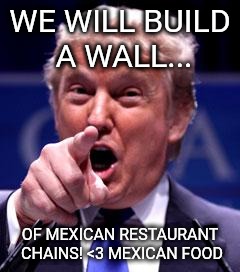 Illegal food is good! | WE WILL BUILD A WALL... OF MEXICAN RESTAURANT CHAINS! <3 MEXICAN FOOD | image tagged in trump,memes,illegal immigration,build a wall,make america great again,mexican food | made w/ Imgflip meme maker
