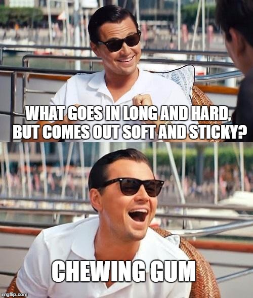 Leonardo Dicaprio Wolf Of Wall Street Meme | WHAT GOES IN LONG AND HARD, BUT COMES OUT SOFT AND STICKY? CHEWING GUM | image tagged in memes,leonardo dicaprio wolf of wall street | made w/ Imgflip meme maker