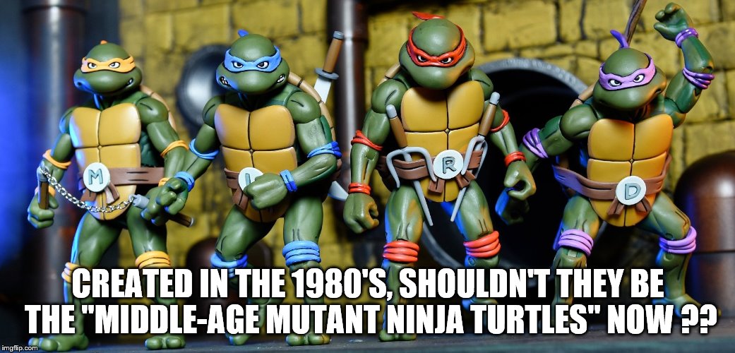 About that time now... | CREATED IN THE 1980'S, SHOULDN'T THEY BE THE "MIDDLE-AGE MUTANT NINJA TURTLES" NOW ?? | image tagged in teenage mutant ninja turtles | made w/ Imgflip meme maker
