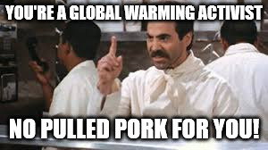 No Food For Global Warming Activist | YOU'RE A GLOBAL WARMING ACTIVIST; NO PULLED PORK FOR YOU! | image tagged in soup nazi,no soup for you | made w/ Imgflip meme maker