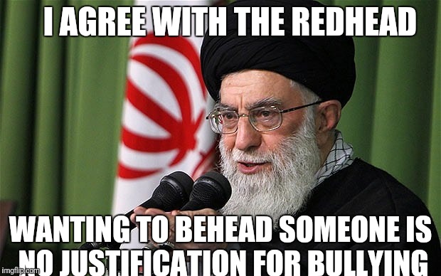 Especially if they are an infidel. Come on people, what is the world coming to? | I AGREE WITH THE REDHEAD; WANTING TO BEHEAD SOMEONE IS NO JUSTIFICATION FOR BULLYING | image tagged in kathy griffin,iran | made w/ Imgflip meme maker