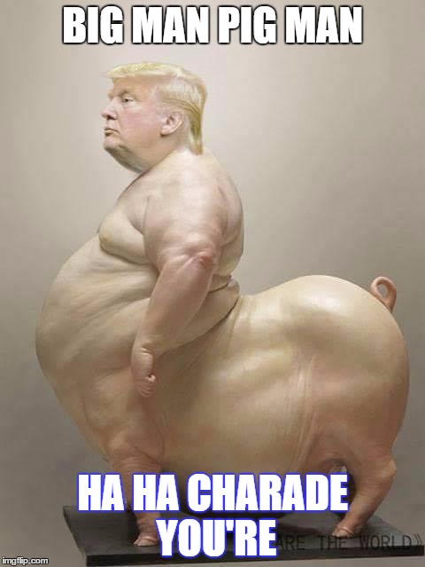 Trumpiggg | BIG MAN PIG MAN; HA HA CHARADE YOU'RE | image tagged in trump pig,donald trump,american politics,pink floyd,pig man,big man | made w/ Imgflip meme maker