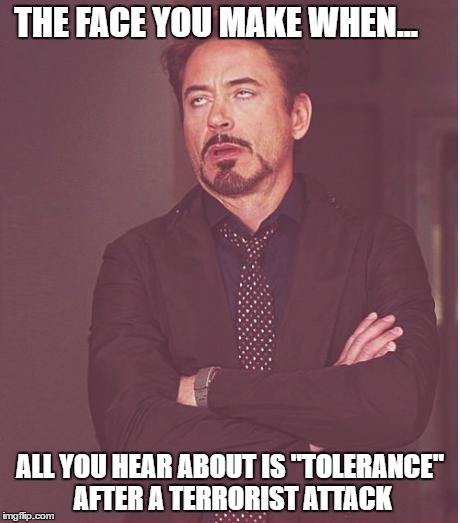 Face You Make Robert Downey Jr Meme | THE FACE YOU MAKE WHEN... ALL YOU HEAR ABOUT IS "TOLERANCE" AFTER A TERRORIST ATTACK | image tagged in memes,face you make robert downey jr | made w/ Imgflip meme maker