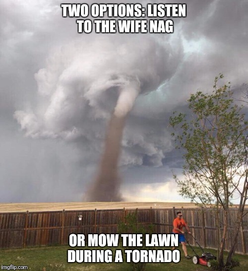 TWO OPTIONS: LISTEN TO THE WIFE NAG; OR MOW THE LAWN DURING A TORNADO | image tagged in memes | made w/ Imgflip meme maker