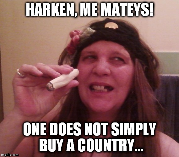 Harken, Me Matey's... | HARKEN, ME MATEYS! ONE DOES NOT SIMPLY BUY A COUNTRY... | image tagged in harken me matey's... | made w/ Imgflip meme maker