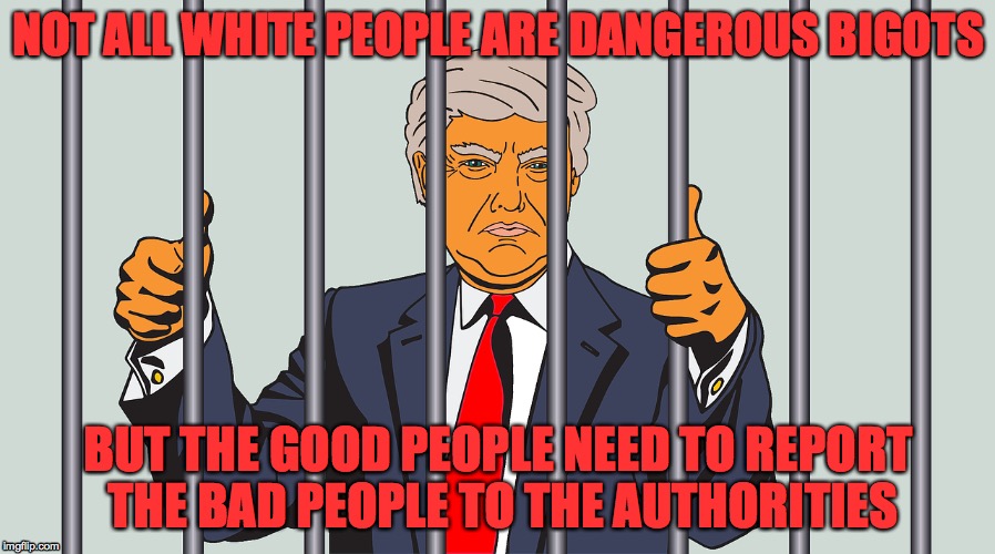 NOT ALL WHITE PEOPLE ARE DANGEROUS BIGOTS; BUT THE GOOD PEOPLE NEED TO REPORT THE BAD PEOPLE TO THE AUTHORITIES | image tagged in trump | made w/ Imgflip meme maker