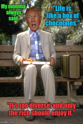 Forrest Trump/ Donald Gump

Either way...he's mentally deficient. | "Life is like a box of chocolates."; My momma always said:; "It's too diverse, and only the rich should enjoy it." | image tagged in trump,donald trump,forrest gump | made w/ Imgflip meme maker