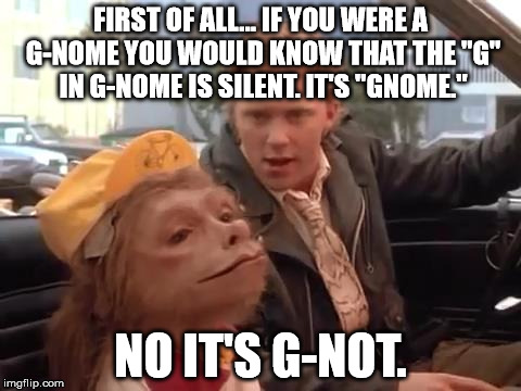 A Gnome Named Gnorm | FIRST OF ALL... IF YOU WERE A G-NOME YOU WOULD KNOW THAT THE "G" IN G-NOME IS SILENT. IT'S "GNOME."; NO IT'S G-NOT. | image tagged in gnome,puns,funny,funny meme,movie quotes | made w/ Imgflip meme maker