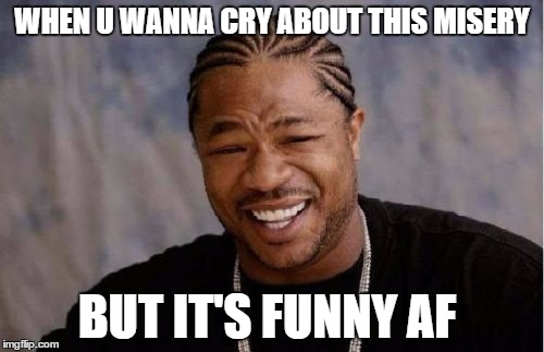 Yo Dawg Heard You Meme | WHEN U WANNA CRY ABOUT THIS MISERY; BUT IT'S FUNNY AF | image tagged in memes,yo dawg heard you | made w/ Imgflip meme maker