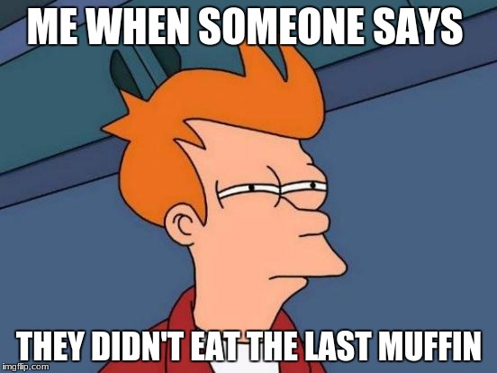 Futurama Fry Meme | ME WHEN SOMEONE SAYS; THEY DIDN'T EAT THE LAST MUFFIN | image tagged in memes,futurama fry | made w/ Imgflip meme maker
