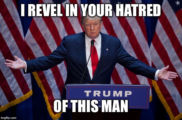 The bandwagon patriots have already jumped ship | I REVEL IN YOUR HATRED; OF THIS MAN | image tagged in donald trump | made w/ Imgflip meme maker