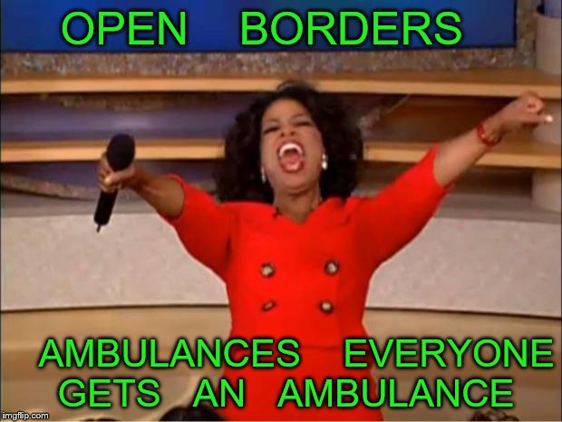 Oprah You Get A Meme | OPEN    BORDERS; AMBULANCES    EVERYONE   GETS   AN   AMBULANCE | image tagged in memes,oprah you get a | made w/ Imgflip meme maker