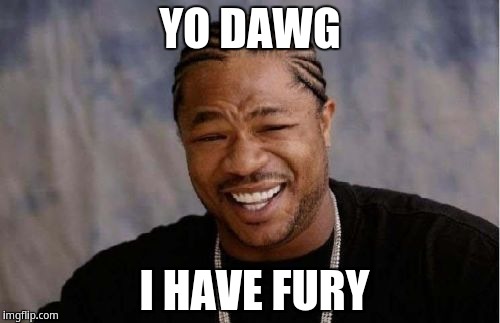 Yo dawg, i have fury | YO DAWG; I HAVE FURY | image tagged in memes,yo dawg heard you,xzibit | made w/ Imgflip meme maker