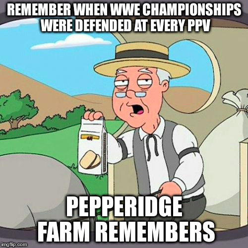 Pepperidge Farm Remembers Meme | REMEMBER WHEN WWE CHAMPIONSHIPS WERE DEFENDED AT EVERY PPV; PEPPERIDGE FARM REMEMBERS | image tagged in memes,pepperidge farm remembers | made w/ Imgflip meme maker