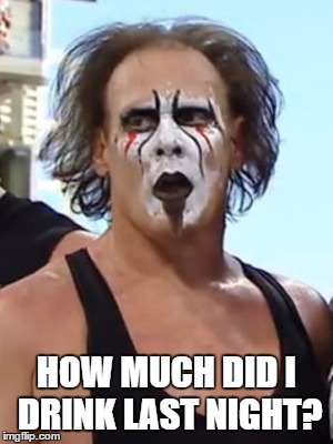 HOW MUCH DID I DRINK LAST NIGHT? | image tagged in sting,wwe,wcw,wwe sting,wwe raw,sting wwe | made w/ Imgflip meme maker