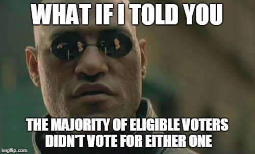 Matrix Morpheus Meme | WHAT IF I TOLD YOU THE MAJORITY OF ELIGIBLE VOTERS DIDN'T VOTE FOR EITHER ONE | image tagged in memes,matrix morpheus | made w/ Imgflip meme maker