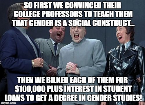 Public Education
 | SO FIRST WE CONVINCED THEIR COLLEGE PROFESSORS TO TEACH THEM THAT GENDER IS A SOCIAL CONSTRUCT... THEN WE BILKED EACH OF THEM FOR $100,000 PLUS INTEREST IN STUDENT LOANS TO GET A DEGREE IN GENDER STUDIES! | image tagged in memes,laughing villains | made w/ Imgflip meme maker