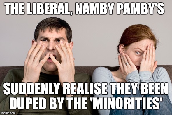 Liberal Britain | THE LIBERAL, NAMBY PAMBY'S; SUDDENLY REALISE THEY BEEN DUPED BY THE 'MINORITIES' | image tagged in liberals | made w/ Imgflip meme maker