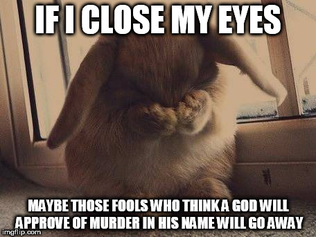 IF I CLOSE MY EYES; MAYBE THOSE FOOLS WHO THINK A GOD WILL APPROVE OF MURDER IN HIS NAME WILL GO AWAY | image tagged in sad bunny | made w/ Imgflip meme maker