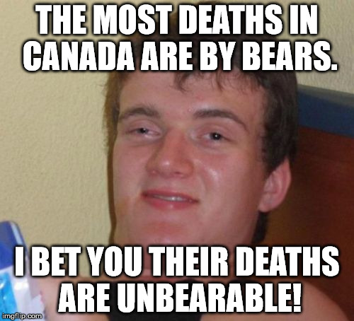 I hope my meme gets to the front page! | THE MOST DEATHS IN CANADA ARE BY BEARS. I BET YOU THEIR DEATHS ARE UNBEARABLE! | image tagged in memes,10 guy,bears | made w/ Imgflip meme maker