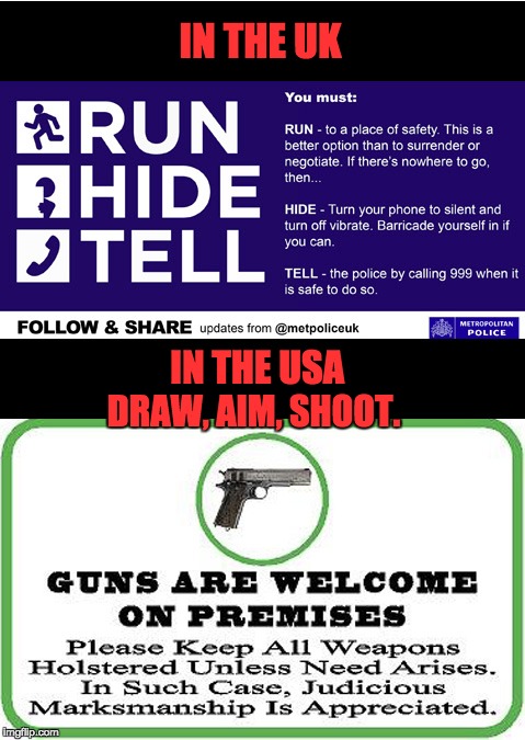 Run, Hide, Tell or Draw, Aim, Shoot? | IN THE UK; IN THE USA; DRAW, AIM, SHOOT. | image tagged in counter terrorist | made w/ Imgflip meme maker