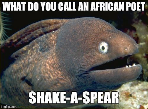 I'm not racist I swear it's just a joke please don't hurt me | WHAT DO YOU CALL AN AFRICAN POET; SHAKE-A-SPEAR | image tagged in memes,bad joke eel | made w/ Imgflip meme maker