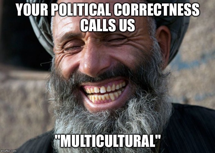 Laughing Terrorist | YOUR POLITICAL CORRECTNESS CALLS US; "MULTICULTURAL" | image tagged in laughing terrorist | made w/ Imgflip meme maker
