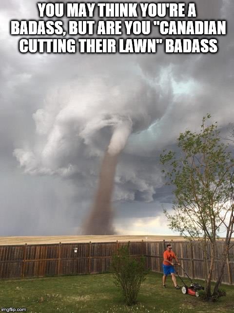 Canadian Badass | YOU MAY THINK YOU'RE A BADASS, BUT ARE YOU "CANADIAN CUTTING THEIR LAWN" BADASS | image tagged in canadian | made w/ Imgflip meme maker