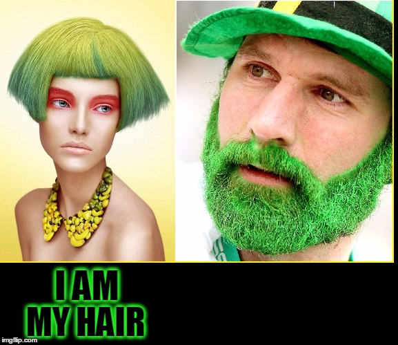 Green Hair Vs Green Beard | I AM; MY HAIR | image tagged in vince vance,st patrick's day,i am my hair,lady gaga,the importance of hair to women,hard to figure out women | made w/ Imgflip meme maker