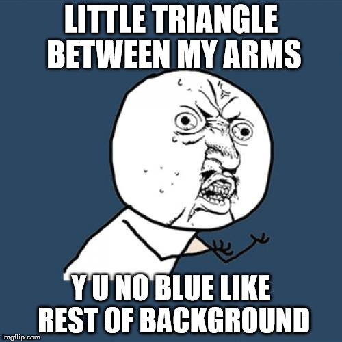 Surely I'm not the only one who's noticed this |  LITTLE TRIANGLE BETWEEN MY ARMS; Y U NO BLUE LIKE REST OF BACKGROUND | image tagged in memes,y u no | made w/ Imgflip meme maker