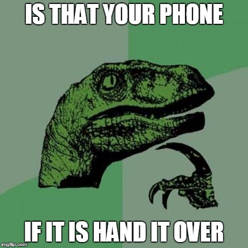 Philosoraptor | IS THAT YOUR PHONE; IF IT IS HAND IT OVER | image tagged in memes,philosoraptor | made w/ Imgflip meme maker