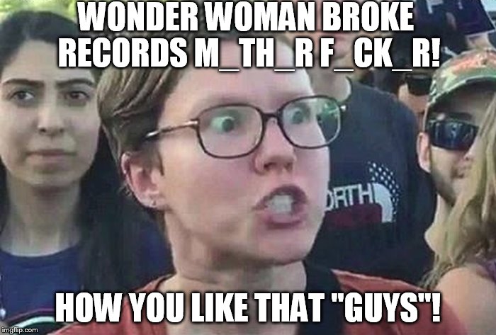 Triggered Liberal | WONDER WOMAN BROKE RECORDS M_TH_R F_CK_R! HOW YOU LIKE THAT "GUYS"! | image tagged in triggered liberal | made w/ Imgflip meme maker