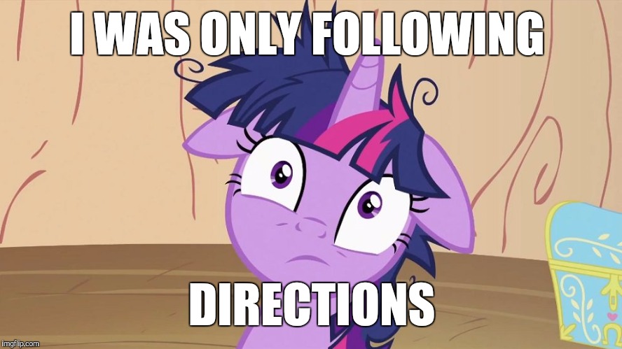 Messy Twilight Sparkle | I WAS ONLY FOLLOWING DIRECTIONS | image tagged in messy twilight sparkle | made w/ Imgflip meme maker