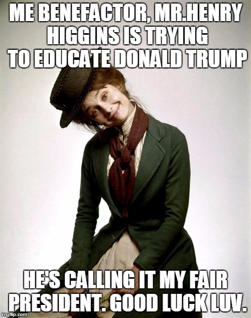 Audrey as Eliza Doolittle in My Fair lady | ME BENEFACTOR, MR.HENRY HIGGINS IS TRYING TO EDUCATE DONALD TRUMP; HE'S CALLING IT MY FAIR PRESIDENT. GOOD LUCK LUV. | image tagged in audrey as eliza doolittle in my fair lady | made w/ Imgflip meme maker