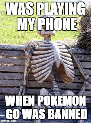 Waiting Skeleton Meme | WAS PLAYING MY PHONE; WHEN POKEMON GO WAS BANNED | image tagged in memes,waiting skeleton | made w/ Imgflip meme maker