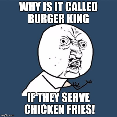 Y U No Meme | WHY IS IT CALLED BURGER KING; IF THEY SERVE CHICKEN FRIES! | image tagged in memes,y u no | made w/ Imgflip meme maker